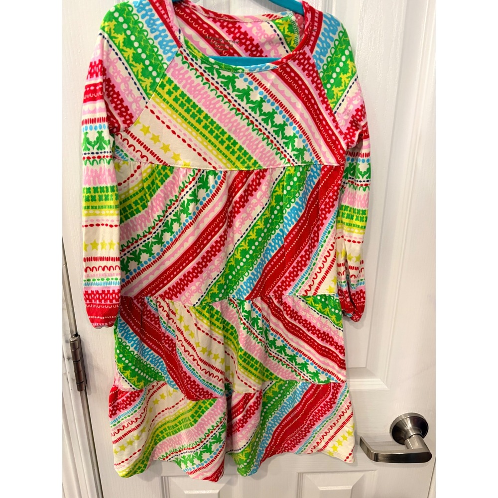 Green Cotton Garnet Hill Dress Multi-Color Striped Tiered Long Sleeve Knit Kids